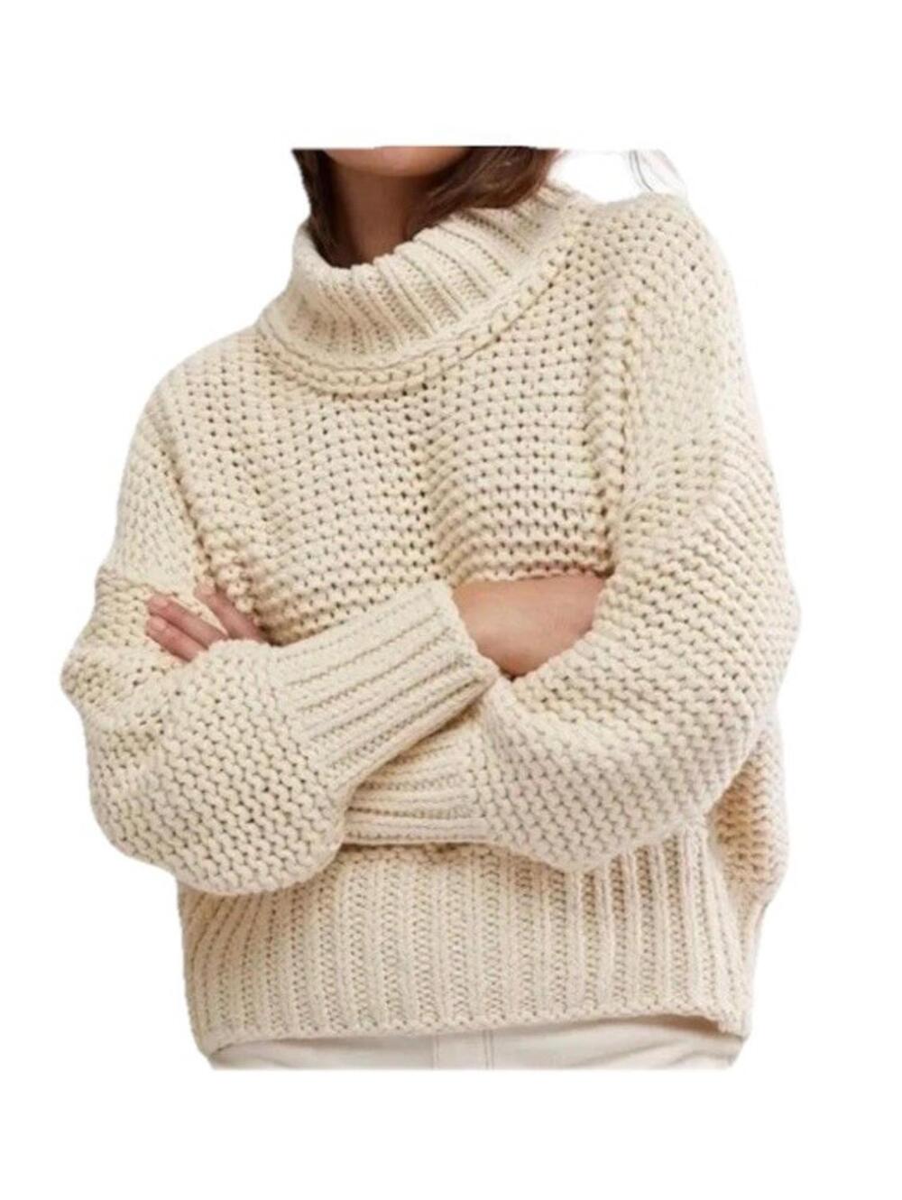 Free People womens cropped chunky knit cropped Sweater Small Crème Beige Coastal
